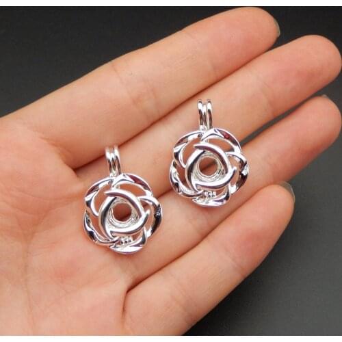 10pcs bright silver flower pearl cage necklace pendant, aroma oil diffuser adds your own pearl, stone makes it more attractive
