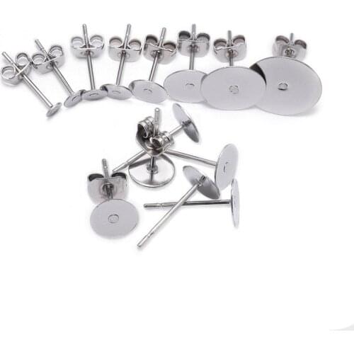 100pcs/lot 3-12mm Stainless Steel Gold Metal Blank Post Earring Studs Base Pins with Earring Plug Ear Back for Jewelry Makings