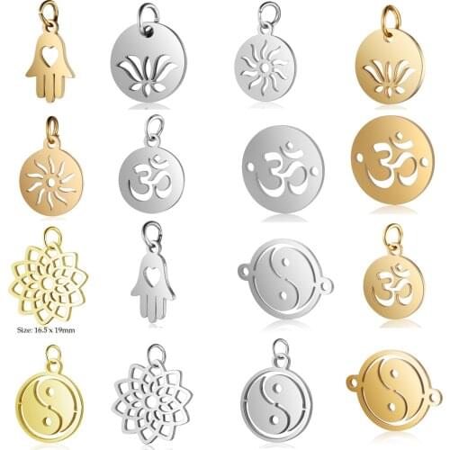 5pcs/lot Yoga Om DIY Charms Wholesale Stainless Steel Sun Chinese Yin Yang Good Luck Pendant Hamsa Hand Amulet Connectors Charm