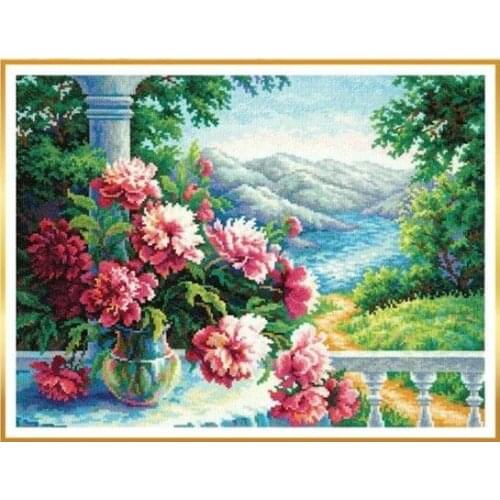 Peony Flowers on the Table Cross Stitch Kits Crafts Top Quality Embroidery Needlework DIY 14CT Unprinted Decor Handmade