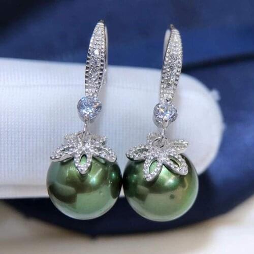 D822 Pearl Earrings Fine Jewelry 925 Sterling Silver Round 9-10mm Fresh Water Peacock Green Black Pearls Drop Dangle Earrings