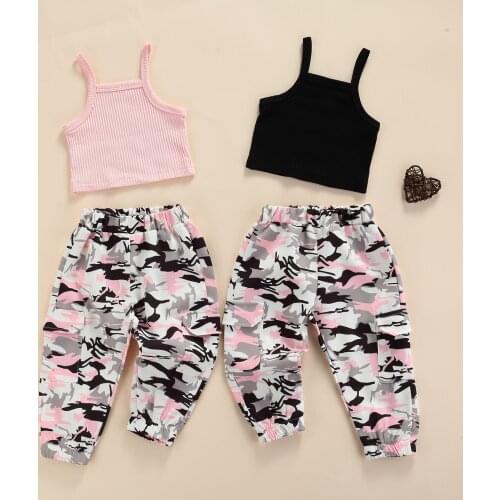 FOCUSNORM 1-7Y Summer Fashion Girls Clothes Sets 2pcs Sleeveless Solid Vest Tops Camouflage Printed Long Pants