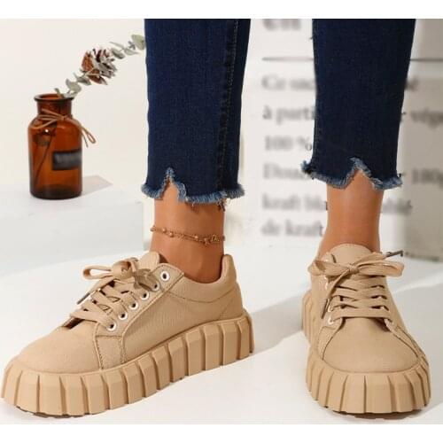 Womans Vulcanized Shoes Canvas Lace-Up Solid Casual Sneakers Thick Bottom Female Skateboard Fashion Ladies Footwear Drop Ship