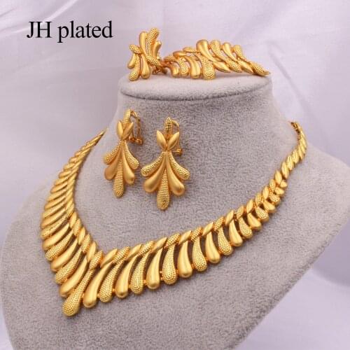 Dubai 24K Gold color Jewelry sets for Women Luxury Necklace earrings Bracelet ring India African wedding Wife gifts Ethiopia set