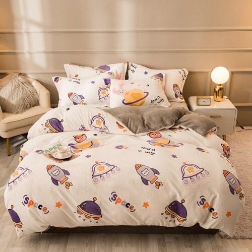 Space plane cow milk cartoon coral velvet warm and comfortable velvet home textile quilt cover four-piece set