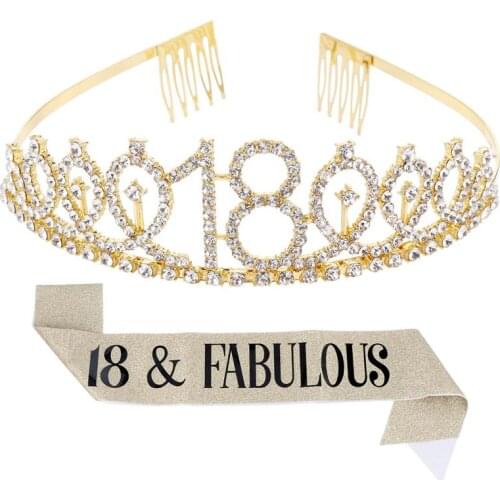2pcs/Set Birthday Party Crown Sash 18 21 30 40 50 Crystal Crown Tiara Printing Etiquette Belt Decoration Suit Party Supplies