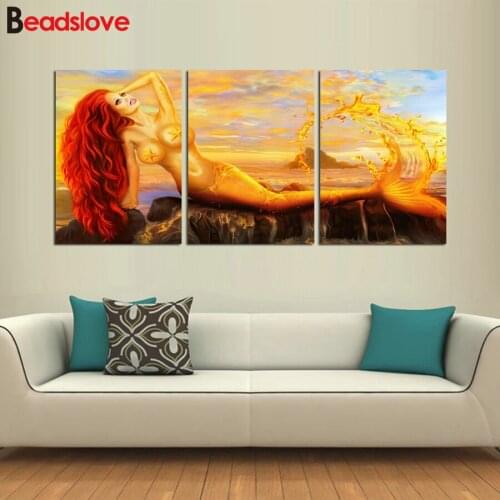 Hot Selling 5d diamond painting Mermaid 3 pcs full square drill diamond embroidery round diamond mosaic painting wall decoration