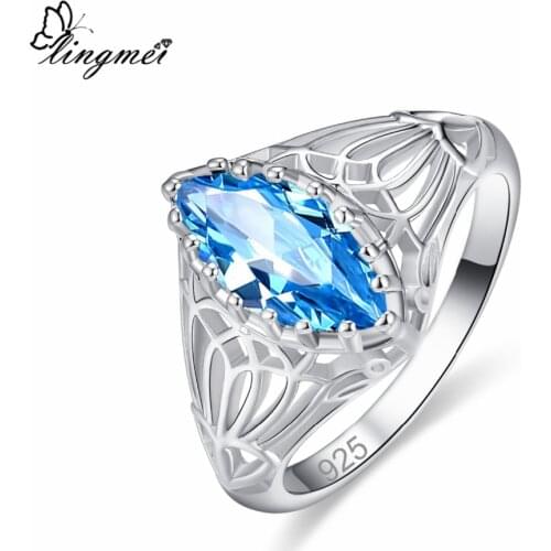 Lingmei New Wedding Attractive Marquise Cut Blue & Green Cubic Zircon Silver Color Ring For Women Size 6-9 Wholesale Fashion