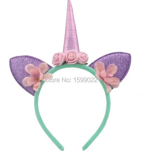 Handmade Cute Flower Crown Unicorn Headband Kids Children Purple Ears Girls Pink Horn Hairband Mint Color Birthday Party Supply