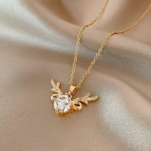 Cute Romantic Luxury Crystal Antlers Necklace High Quality Never Fade Stainless Steel Zircon Clavicle Chain Jewelry Female Gift