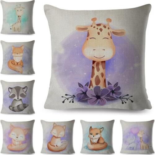 Lovely Cartoon Giraffe Fox Pillowcase for Children Room Sofa Decorative Cute Animal Raccoon Polyester Cushion Covers 45X45CM