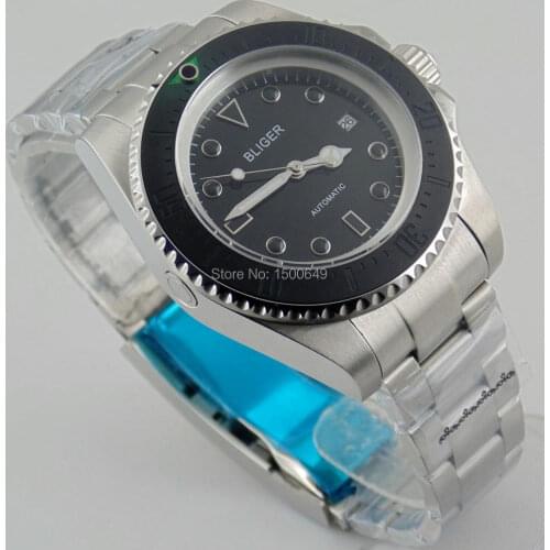 BLIGER 43mm Big Ceramic BLACK Bezel with green mark black dial steel strap automatic Date Day mens watches