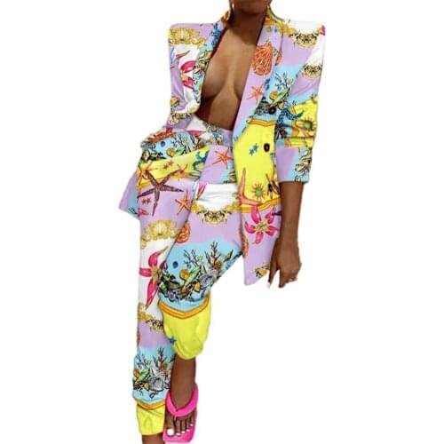 Sexy Lady Spring Autumn Blazer Suit Cardigan Colorful Print Right Angle Shoulder High Waist Ladies Tie Dye Pants Suit femme