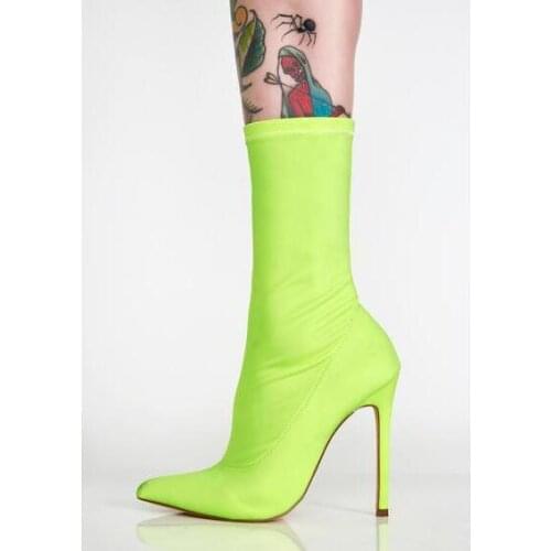 Sexy Fluorescent Lemon Stretch Fabric Women Autumn Boots Pointed Toe High Heels Thigh High Boots Plus Size 10 Socks Ankle Boots