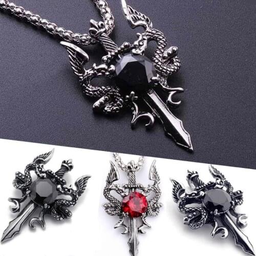 Retro Gothic Double Dragon Dagger Crystal Pendant Men Women AAA Zircon Silver Color Punk Necklace Trend Men Women Party Jewelry