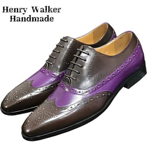 Luxury Designer Men Oxford Shoes Lace Up Black Mix Color Formal Brogue Men Dress Shoes Business Office Wedding Leather Shoes Men