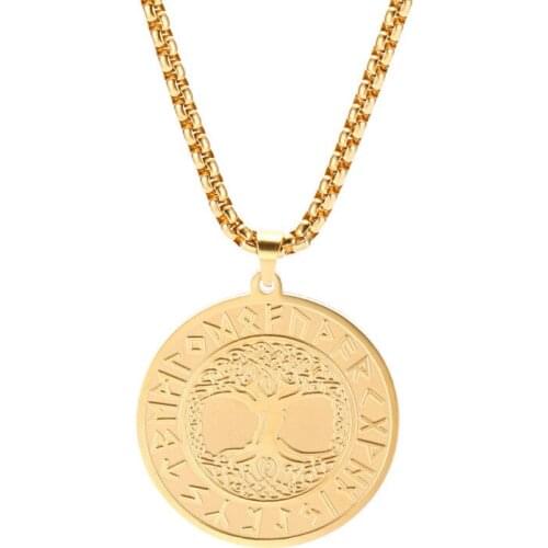 Vintage Stainless Steel Mythical Yggdrasil Tree Pendant Gold Colour Norse Rune Viking Talisman Necklace Fashion Jewelry