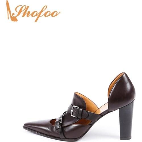 Black Brown Women D'Orsay Pumps High Chunky Heels Pointed Toe Buckle Strap Large Size 14 15 Ladies Summer Fashion Shoes Shofoo