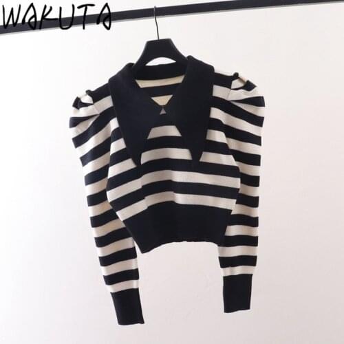 WAKUTA 2020 Autumn Winter Striped Short Sweater Women Stylish New Puff Sleeve Turn-down Collar Pullovers Streetwear KnittedTops