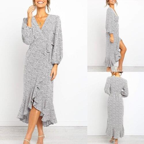 Women Dot Print Casual Long Dress Side Split Sexy V Neck Wrap Dresses Long sleeve White Ruffle Maxi Dress fashionFall 2021