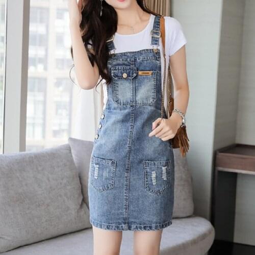 Denim Dresses Women Sleeveless Side Button Pockets Slim Distressed Straps Jeans Dress Ladies Korean Fashion 2021 Summer 81E
