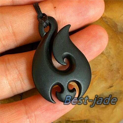 Black Green Nephrite Fish hook pendant Maori jade Female Necklace Greenstone Hawaii gift