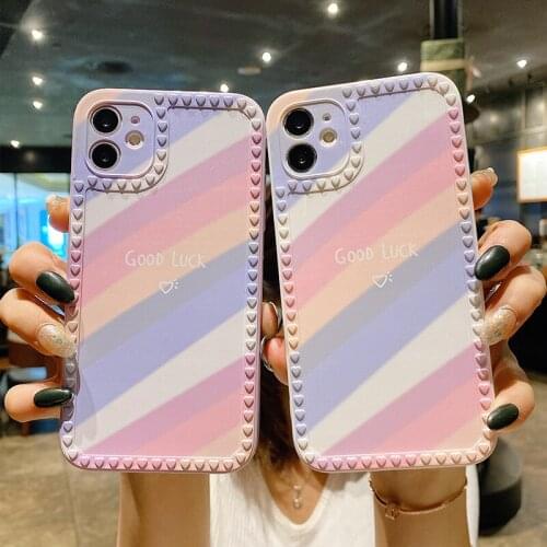 3D Heart Frame Rainbow Case For iphone 12 11 Pro Mini X XS MAX XR 8 7 6 PLUS SE 2020 Soft Cover Square Phone Case Coque Fundas