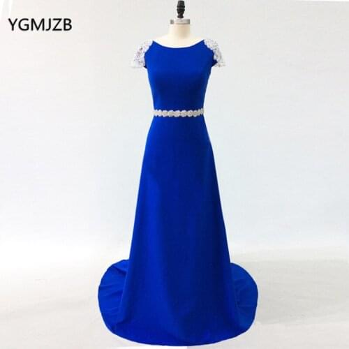 Sparkly Evening Dresses Long 2018 Beaded Crystal Boat Neck Open Back Royal Blue Formal Evening Gowns Prom Dress Robe De Soiree