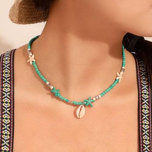 Bohemian Beach Style Acrylic Beads Starfish Sea Shell Pendant Necklace for Women Vintage Choker Necklace Jewelry Kolye GN62