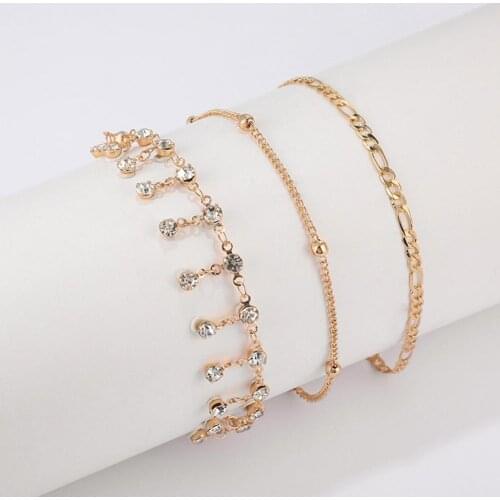 Bohemian Ankle Bracelets Set Multilayer Beads Rhinestone Tassel Pendant Charm Bracelets Women Anklet Foot Jewelry Gift 3Pcs