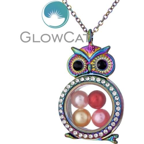 C1296 Rainbow Owl With Rhinestone Can open head Magnetic Living Memory Glass Locket Pearl Cage Floating Pendant Charm Necklace