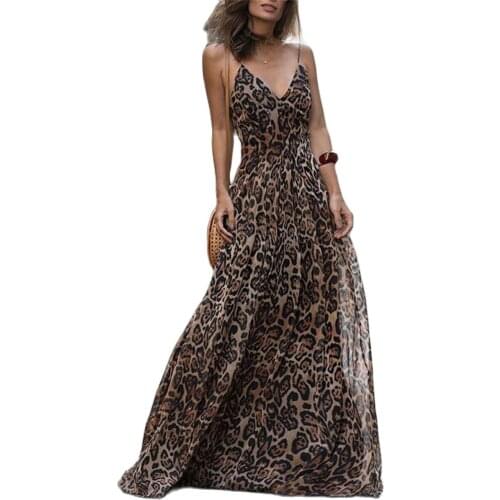 Factory Direct European And American Fashion Leopard Print V-Collar Sling Dress Stitching Unbacked Long Dresses 7840