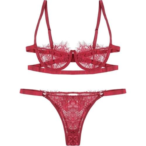 Women Lace Lingerie Suit Wedding Red Sexy Underwear Adjustable Spaghetti Strap With G-string Briefs Erotic Lingerie Bra Set
