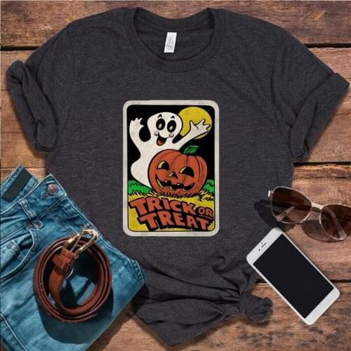 Trick or Treat Tshirt Women Ghost with Pumpkin Graphic Tees Kawaii Aesthetic Clothes Korean Vintage Halloween Graphic T Shirts M