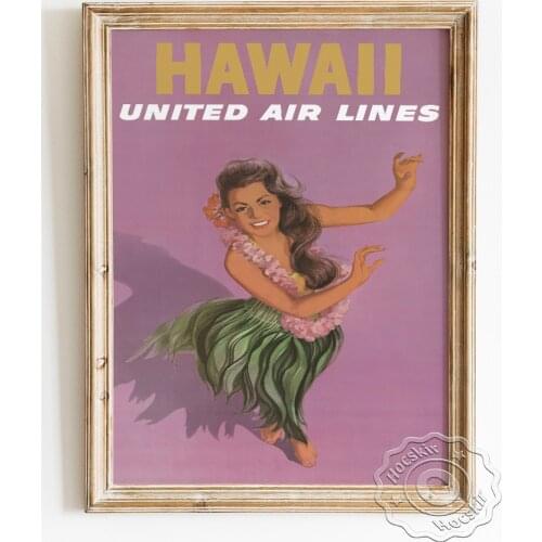 Hawaii United Air Lines Advertising Poster, Travel Scenery Spot Publicity Canvas Painting, Hawaiian Dance Hula Art Illustration