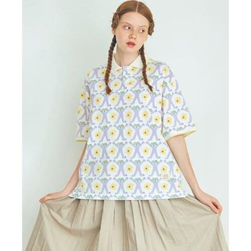 Harajuku BF Style New Design Women T-shirts Turn Down Collar Short Sleeve Ladies Summer Tshirt Tee Tops Cartoon Printed