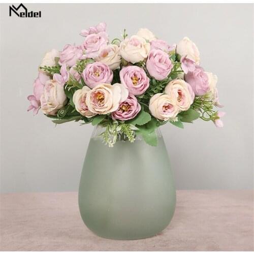 Meldel Artificial Flower 10 Heads Silk Rose Mini Bouquet Fake Rose Flower Bunch Bridesmaids Wedding Supplies Home Party Decor