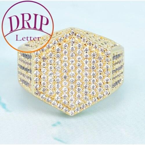 Geometric Mens Ring Gold Color Charm Cubic Zircon Hip Hop 18 K Copper Fashion Jewelry