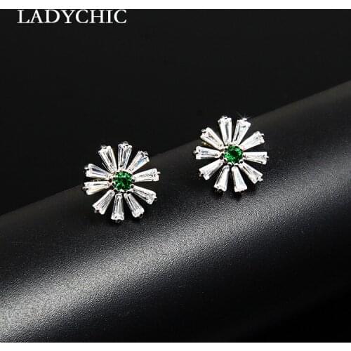 LADYCHIC Simple Sunflower Green Zircon Stud Earrings Wholesale Fashion Silver Color Crystal Tiny Flower Jewelry for Women LE1357