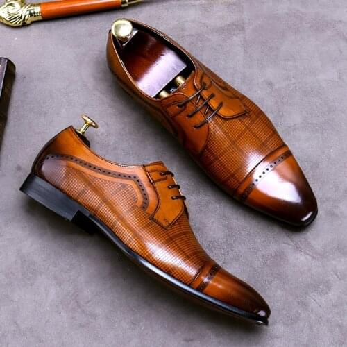 Handmade Mens Business Dress Shoes Winter Trend Casual Pointed Toe English Genuine Leather Shoes Men Formal Wear Derby Shoes