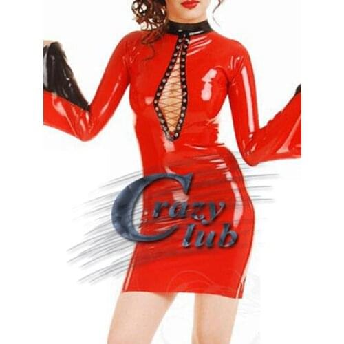 New Handmade Sexy Erotic Sex Products Red Latex dress with long sleeves with zip Customized Dress Fetish Fast Delivery