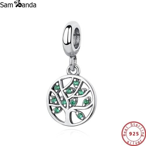 Original 100% 925 Sterling Silver Charm Bead Family Love Tree Pendant Charms Green CZ Fit Bracelets Women Fine Jewelry