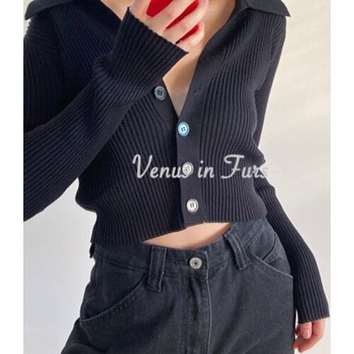 Zoki Autumn Knit Women Cardigan Long Sleeve Fashion Button Up Crop Sweater Harajuku Casual Solid Black Short Jacket Korean Tops