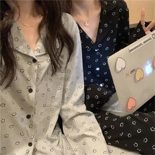 Pajamas Autumn/Winter New Korean Fashion Gray/Black Couple Nightwear Men/Women Long-Sleeved Cardigan 2pcs Set Home Wear Pajamas