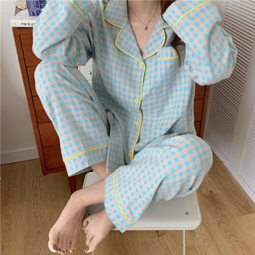 INS Korean Womens Pajamas Long Sleeve Trousers 2 Pcs Set Plaid Cotton Nightwear Loose Ladies Home Clothes Pocket Pijama Mujer