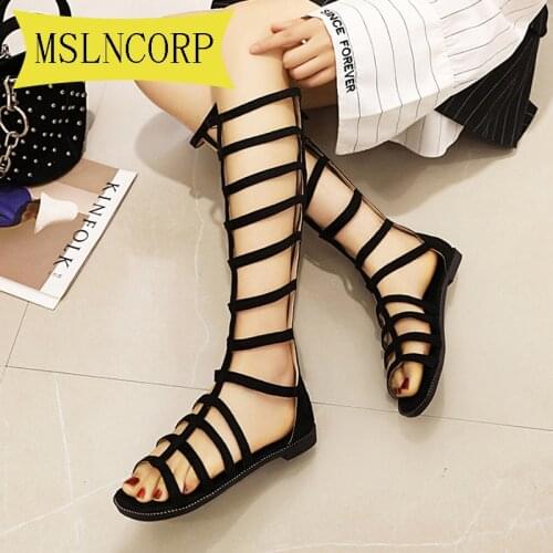 Big Size 34-43 Women Shoes Gladiator Sandals Summer Flat Knee High Long Zip Up Boot Hollowed-out Sandals Shoes for Fashion Ladie