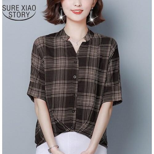 New Korean Cotton and Linen Short Sleeve Black Red And Apricot Plaid Lady Shirt 2021 Plus Size Casual Loose Women Blouse 4677 50