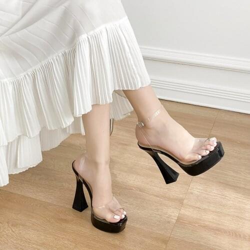 35-41 Plus Size Women Sandals Sexy Transparent Ankle Buckle Platform Heels Sandals Summer Black High Heels Femmes Sandales