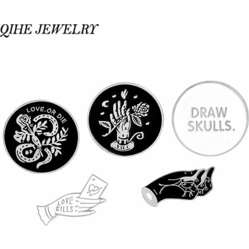 QIHE JEWELRY Draw skulls,Love kills,Love or die,Hands with Snake and Rose Enamel pin Brooches Badges Punk pins collection