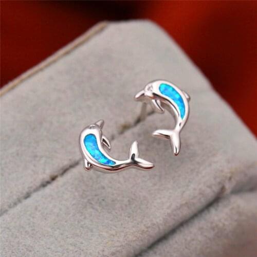 Female Cute Dolphin Stud Earrings Blue White Opal Earrings For Women Animal Jewelry Charm Fashion Silver Color Wedding Earrings